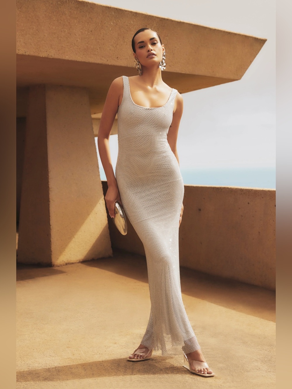 NWT New Fashion Annika Diamante Mesh Maxi Dress - White / Silver Size Medium